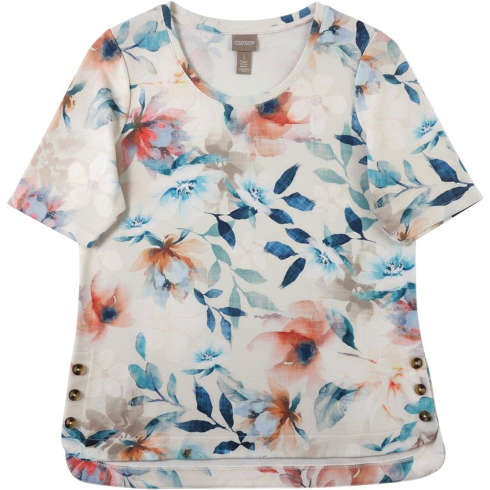 Chicos Shirt Womens 1 US Medium Blue Floral Side Hem Button Scoop Neck Tunic Top